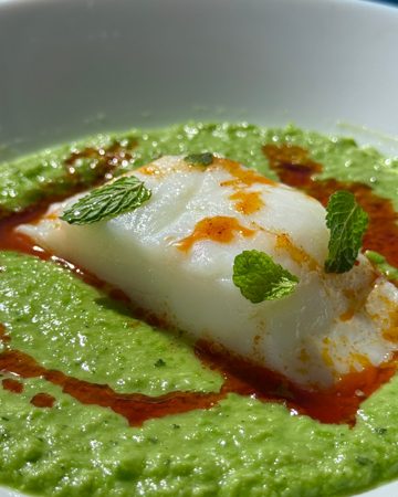 Poached cod with pea purée
